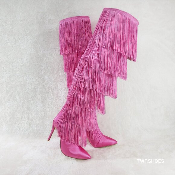 Gogo Fringed Thread Tassle OTK Thigh High Pink Satin High Heel Boots - Picture 6 of 14